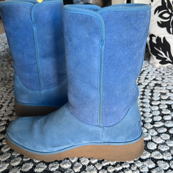 UGG Shoes - UGG Classic Slim Calf Tall Mist Blue Annie Boots Tan Lift Heel Platform Soles 8
